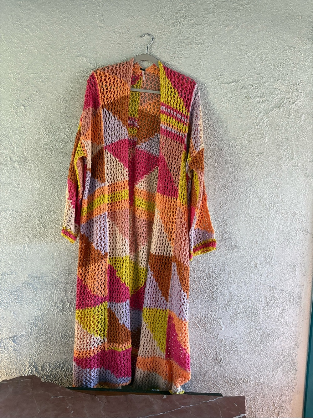 Colorblock Crochet Duster Cardigan - Pink, Orange & Yellow by Free People